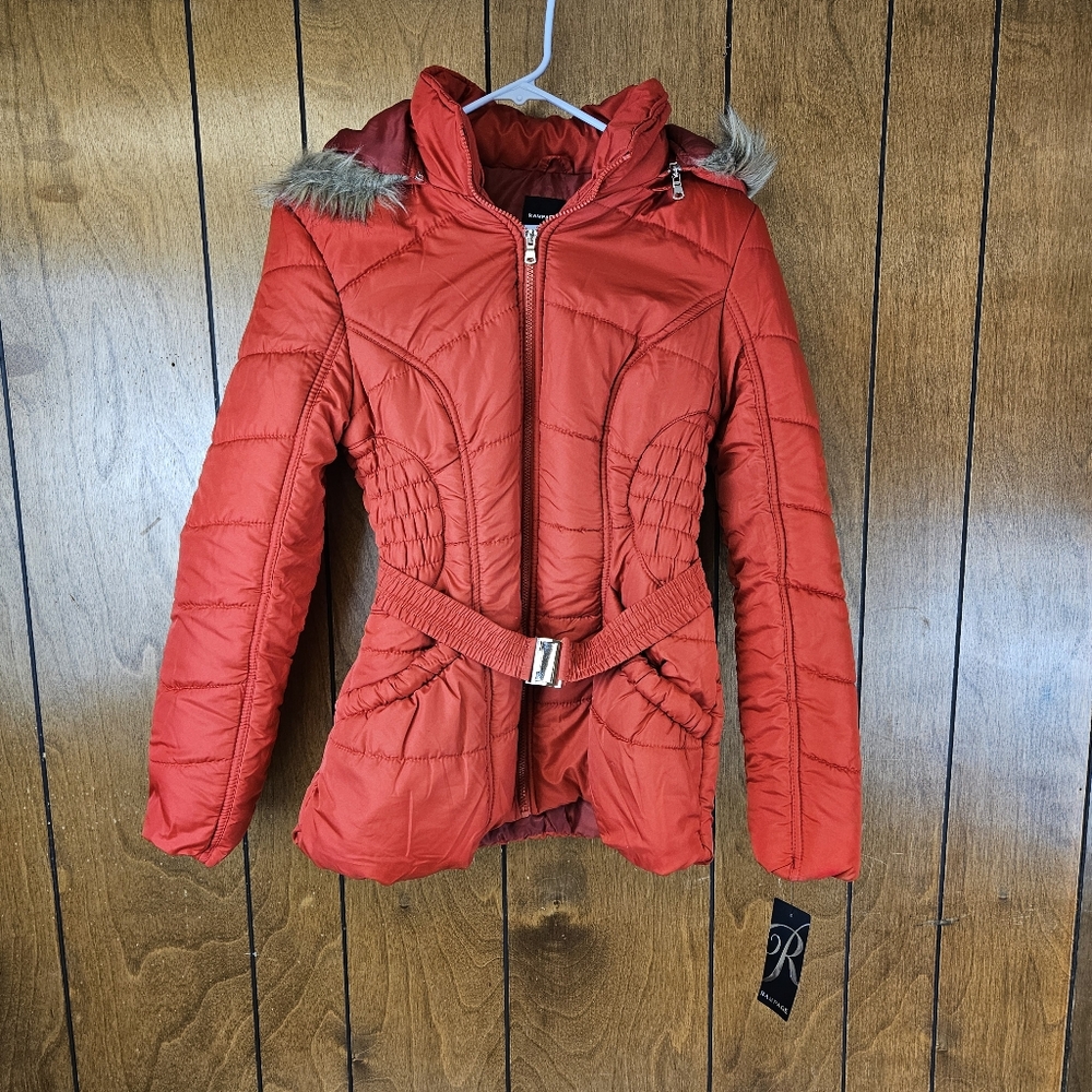 NWT Rampage Faux-Fur Trim Belted Puffer Coat Red Womens   LG